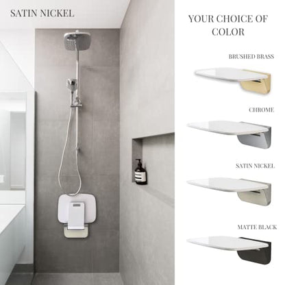 Folding Shower Seat Wall Mounted – Secure Fold Down Shower Bench, 350lbs Capacity, Space-Saving & Easy to Clean, Satin Nickel - color: Satin Nickel & White