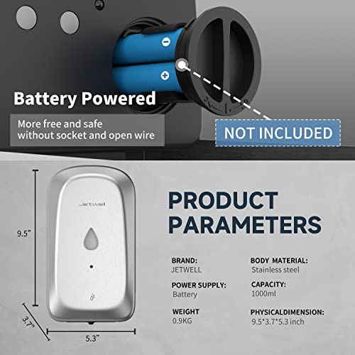 JETWELL Automatic Touch-Less Wall Mount Hand Soap Dispenser Liquid Drop Battery Operated, Brushed Stainless Steel Cover Large Capacity 34OZ/1000ML for Kitchen Home Commercial Bathroom | Brushed Cover, Large Capacity, Battery Powered, Liquid Soap, Commerci