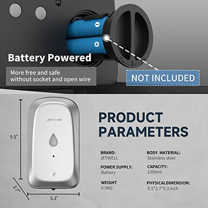 JETWELL Automatic Touch-Less Wall Mount Hand Soap Dispenser Liquid Drop Battery Operated, Brushed Stainless Steel Cover Large Capacity 34OZ/1000ML for Kitchen Home Commercial Bathroom | Brushed Cover, Large Capacity, Battery Powered, Liquid Soap, Commerci