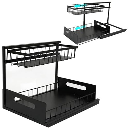 Under Sink Organizer 2-Pack – Pull Out Sliding Storage Rack, L-Shaped Design for Kitchen & Bathroom Cabinet, Heavy-Duty Steel, Easy Install, Black