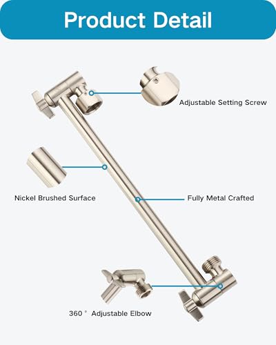 11 Inch Adjustable Shower Head Extension Arm With Locking Set Screw, Singing Rain 304 Stainless Steel Nickel Brushed Angle Height Adjustable, G1/2 Universal Connector Compatible (Nickel Brushed) - color: 2. Nickel Brushed, style: 11 inch