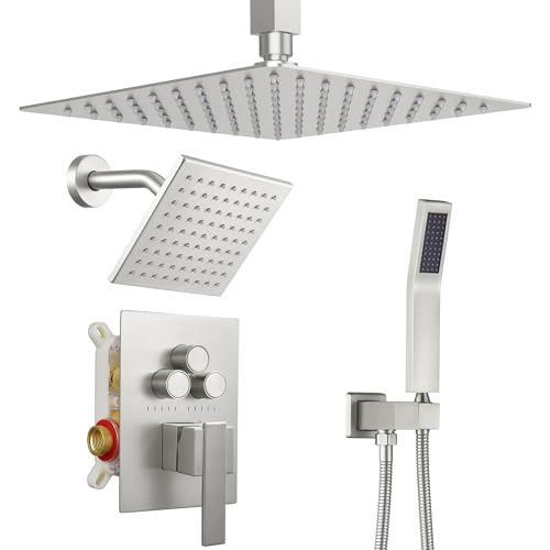 Dasan Brushed Nickel Dual Shower Heads System with Ceiling 12-Inch Rainfall Shower & Wall Mount 6-Inch High Pressure Shower Head, Full Body Dual Shower Head Set - color: Brushed Nickel
