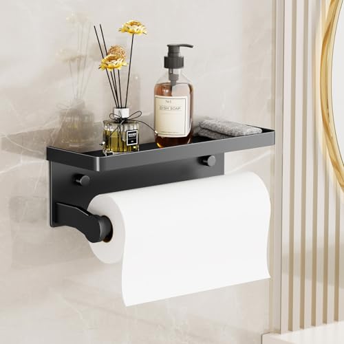 Black Paper Towel Holder with Shelf, Wall Mount Paper Towel Holder for Bathroom Kitchen, Hand Towel Rack Holder,Paper Roll Holder with Self Adhesive & Screw,RV - color: Black, size: Pro