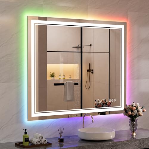 44x36 Inch RGB LED Bathroom Mirror with Lights | Front and RGB Backlit, Dimmable, Memory, Anti Fog, Shatterproof, Horizontal/Vertical, Lighted Mirrors for Bathroom Wall - color: Rgb Backlit, size: 44"L x 36"W