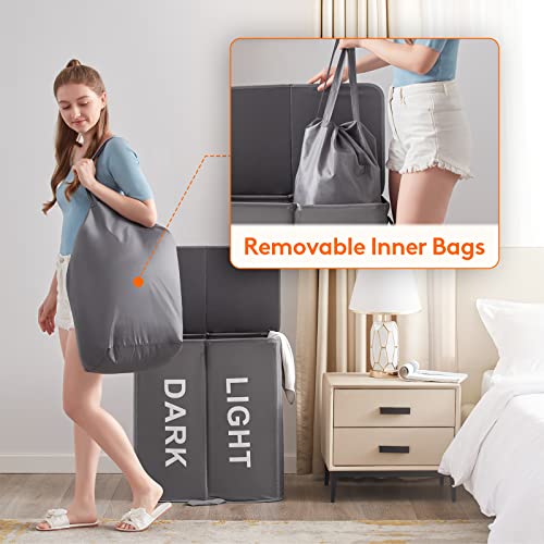 Lifewit 136L Double Laundry Hamper with Lid and Removable Laundry Bags, Large Divided Hamper, Collapsible 2 Section Laundry Basket with Handles for Bedroom, Bathroom, College Dorm, Laundry Room, Grey - color: Grey