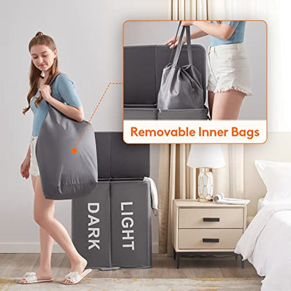 Lifewit 136L Double Laundry Hamper with Lid and Removable Laundry Bags, Large Divided Hamper, Collapsible 2 Section Laundry Basket with Handles for Bedroom, Bathroom, College Dorm, Laundry Room, Grey - color: Grey