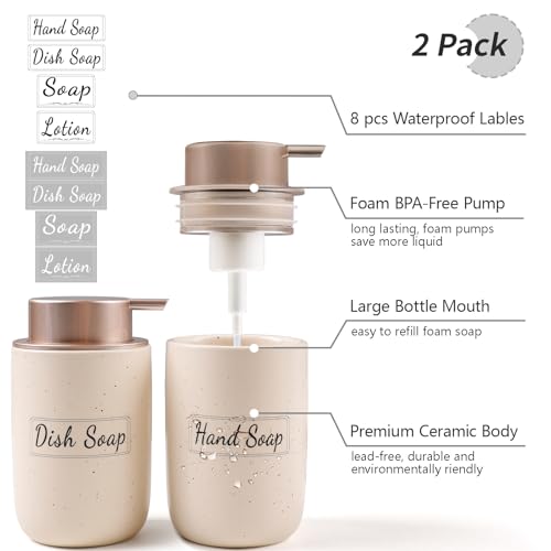 BosilunLife Foaming Soap Dispenser Set-Apricot Ceramic Foam Soap Dispenser | 12oz with Rust Proof Pump, Easy Pressing & Refillable,4Pcs Clear Stickers for Kitchen, Bathroom - 2 Pack - color: Apricot-foam Pump
