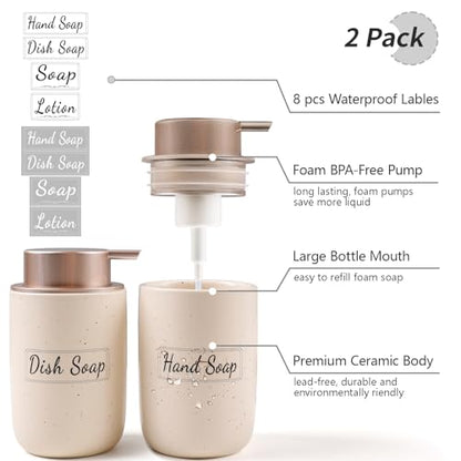 BosilunLife Foaming Soap Dispenser Set-Apricot Ceramic Foam Soap Dispenser | 12oz with Rust Proof Pump, Easy Pressing & Refillable,4Pcs Clear Stickers for Kitchen, Bathroom - 2 Pack - color: Apricot-foam Pump