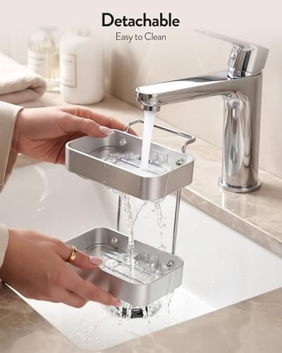 Orimade Aluminum 2 Tier Soap Holder for Shower – Wall Mounted Rustproof Soap Dish with Hooks, No Drilling Adhesive Soap Rack for Bathroom, Kitchen, RV – Quick Draining & Space Saving (Silver)