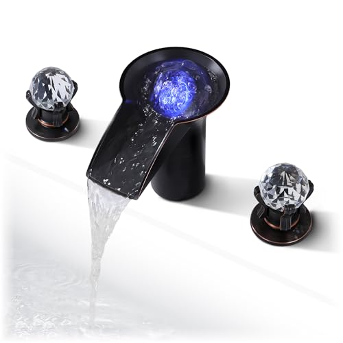 SKOWLL Oil Rubbed Bronze Waterfall Bathroom Faucet 3 Hole, Free Floating Crystal Ball with LED Light, Two Handle 8 Inch Widespread Faucet for Bathroom Sink - color: Oil Rubbed Bronze