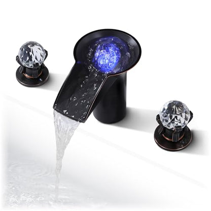 SKOWLL Oil Rubbed Bronze Waterfall Bathroom Faucet 3 Hole, Free Floating Crystal Ball with LED Light, Two Handle 8 Inch Widespread Faucet for Bathroom Sink - color: Oil Rubbed Bronze