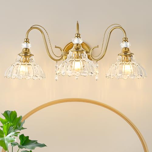 Vintage Bathroom Vanity Light, 3-Light Brushed Gold Finish Wall Sconce with Hanging Crystal Accents and Flower-Shaped Clear Glass Shades, Retro Wall Mount Vanity Light Over Mirror for Bathroom - color: Gold, size: 3-Light