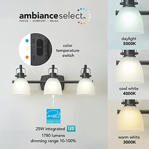 Globe Electric 52090 Gilroy 3-Light 25W Integrated LED Vanity Light with Selectable Color Temperature, Matte Black, Frosted Glass Shades, 1780 Lumens, 3000K-4000K-5000K Switch, Energy Star Certified - color: Matte Black, Frosted Glass