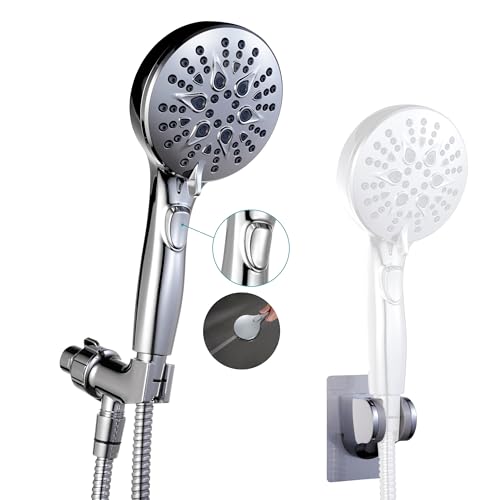GwernKB Handheld Shower Head with ON OFF Switch & 79in Stainless Steel Hose | Built-in Power Spray,7-Setting High Pressure Spray with Bracket & Extra No Drilling Wall Shower Holder for Lower Mount,Silver - color: Silver