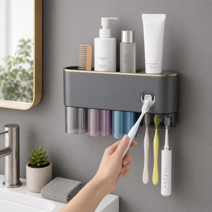 Bathroom Toothbrush Holder —Wall-Mounted Toothbrush Organizer (with Automatic Toothpaste Dispenser), Magnetic Rinse Cup Design, No-Drill Bathroom Vanity Storage Tray (Gunmetal Gray (3-Cup)) - color: Gunmetal Gray (3-cup)