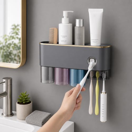 Bathroom Toothbrush Holder —Wall-Mounted Toothbrush Organizer (with Automatic Toothpaste Dispenser), Magnetic Rinse Cup Design, No-Drill Bathroom Vanity Storage Tray (Gunmetal Gray (3-Cup)) - color: Gunmetal Gray (3-cup)