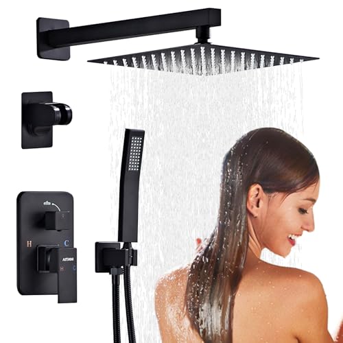 Shower System Black -10 Inch High Pressure Rain Shower Heads with Handheld Spray Combo Shower Faucet Set with Pressure Balanced Rough-in Valve, Wall Mount Bathroom Shower Set fit All Valve Types - style: 10inch