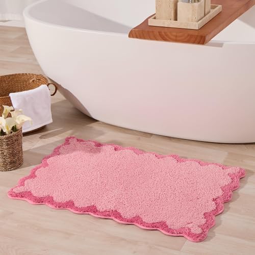 ORTIGIA Cute Pink Scalloped Bath Mat, Fun Plush Microfiber Scallop Bathroom Rugs Non Slip Washable Quick Dry Absorbent, Bathmat Bath Rug Carpet for Shower Stall Vanities Kitchen Floor Entrance, 20x32 - color: Candy Pink, size: 1'8" x 2'8" (Scalloped)