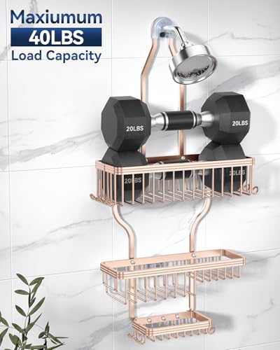 Never Rust Shower Caddy Hanging, Aluminum Shower Racks for Inside Shower, 3-Tier Shower Organizer Hanging Over Shower Head with Hooks and Soap Holder, Rose Gold - color: Rose Gold