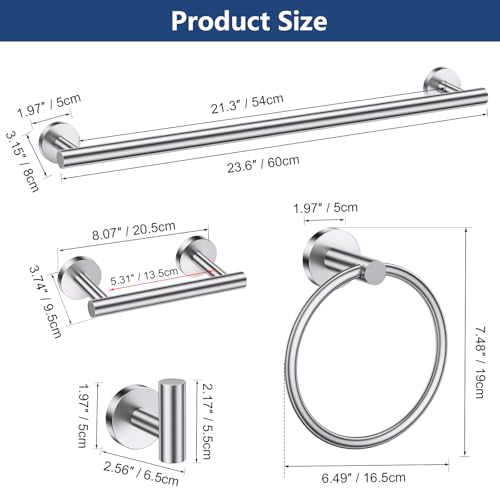 TQKAG Brushed Nickel Toilet Paper Holder, 5 Piece Towel Racks for Bathroom | 23.6" Bathroom Hardware Set, SUS304 Stainless Steel, Double Post Pivoting, Towel Hooks, Toilet Paper Holder Set Wall Mounted - color: Brushed Nickel, size: 5-Pieces Set-B