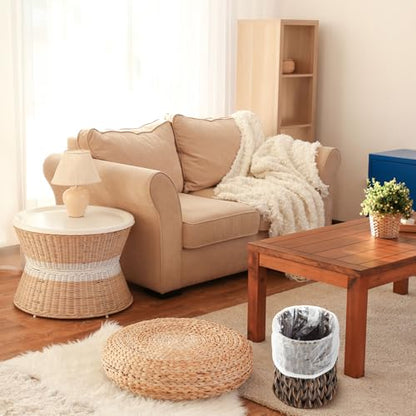 Ctosree 1.3 Gal Boho Woven Trash Can with Lid, Dark Brown | Braided polypropylene waste basket with handle and 100 garbage bags for bathroom, bedroom, office, or laundry. - color: Dark Brown, style: Round