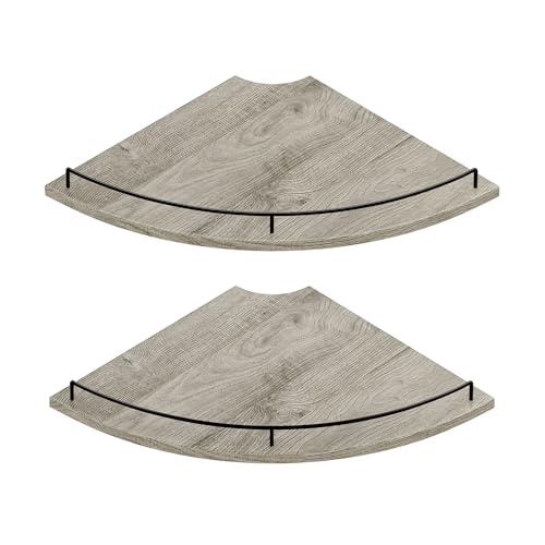 JJL Corner Shelf Wall Mounted, 12 Inches 2-Tier Floating Corner Shelf, Fan-Shaped Rustic Wood Decor with Fence, Gray Wood Grain Floating Shelves for Apartment Bedroom Kitchen Bathroom - color: Gray Wood, size: Fan 2-Tier