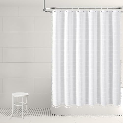 Striped Farmhouse White Shower Curtain Boho Linen Fabric Shower Curtains for Bathroom, Tall Country Neutral Thick Bathroom Curtain Set with Tassel - Bohemian Cloth Shower Curtain 71x79 Inch - color: White, size: 71"W x 79"L (Pack of 1)