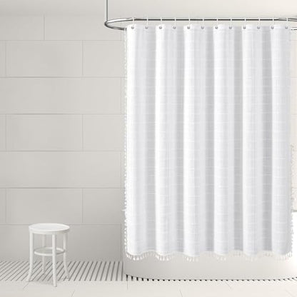 Striped Farmhouse White Shower Curtain Boho Linen Fabric Shower Curtains for Bathroom, Tall Country Neutral Thick Bathroom Curtain Set with Tassel - Bohemian Cloth Shower Curtain 71x79 Inch - color: White, size: 71"W x 79"L (Pack of 1)