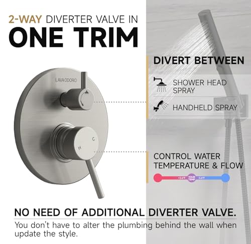 Lava Odoro Modern Rain Shower System Faucet Set, SF104-BN | 2-Setting Round Shower Valve Trim Kit, Brushed Nickel Shower Head Set with Sprayer, 10 Inch, Rough-in Valve Included - color: Brushed Nickel, style: Without Tub Spout