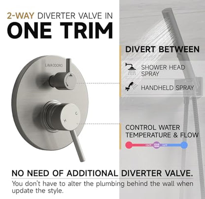 Lava Odoro Modern Rain Shower System Faucet Set, SF104-BN | 2-Setting Round Shower Valve Trim Kit, Brushed Nickel Shower Head Set with Sprayer, 10 Inch, Rough-in Valve Included - color: Brushed Nickel, style: Without Tub Spout