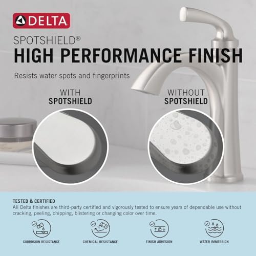 Delta Arvo 1 Hole Pull Down Bathroom Faucet with Sprayer, Brushed Nickel Single Hole Bathroom Sink Faucet with Pull Out Sprayer for Vanity, Push-Pop Drain, SpotShield Stainless 15840LF-SPPD - color: SpotShield Brushed Nickel