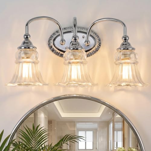 3-Light Vintage Bathroom Light Fixtures, Chrome | Vanity Lights Over Mirror with Floral Glass Shade for Bathroom Powder Room, Living Room Hallway - color: Chrome, size: 3-light