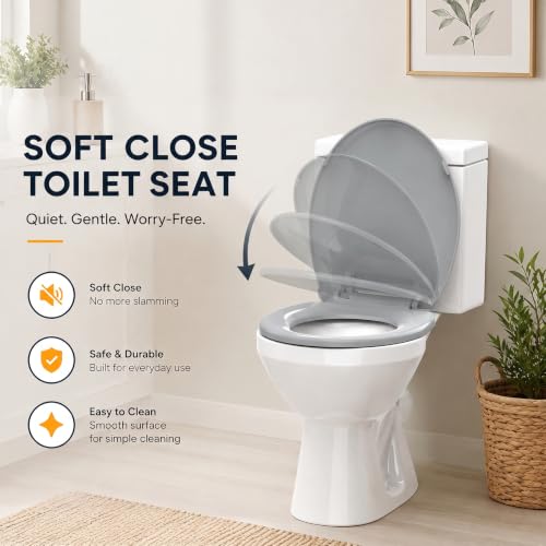 Toilet Seat, Round, Ice Grey, PP Material, 16.5 Inch, Soft Close, Anti-Slip, Never Loosen, Easy Clean, B2B Avilable,2 Years Support - color: Ice Gray, size: Round 16.5inch