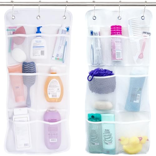 S&T INC. Shower Organizer and Caddy, 2 Pack, 14" x 30", White | Quick-Dry Mesh, 7 Pockets, Shower Caddy and Bathroom Organizer, Hangs on Existing Shower Curtain Hooks, Cruise Essential - color: Clear