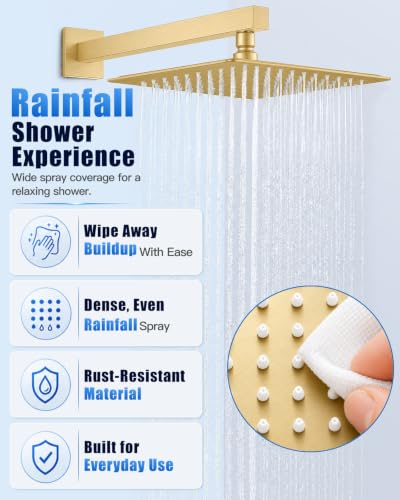 Heyalan 12 Inch Square Rain Shower Faucet Set with Valve, Brushed Gold | Female-thread 1/2-inch NPT connections, SUS304 shower head, brass rough-in valve, single-handle control Shower Set - color: Gold, size: 12 Inch Square Shower Head