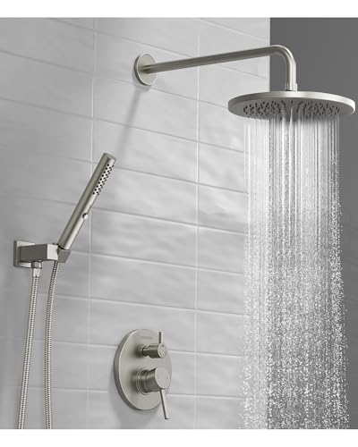 Lava Odoro Modern Rain Shower System Faucet Set, SF104-BN | 2-Setting Round Shower Valve Trim Kit, Brushed Nickel Shower Head Set with Sprayer, 10 Inch, Rough-in Valve Included - color: Brushed Nickel, style: Without Tub Spout