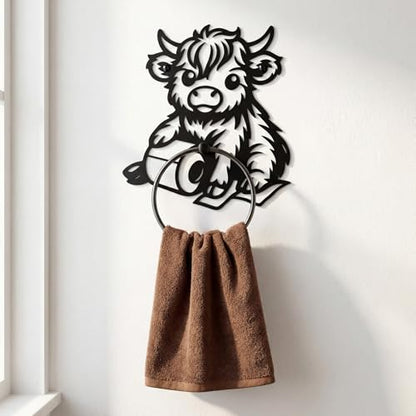 Pelopy Highland Cow Towel Holder Ring for Bathroom Cute Metal Cow Towel Hanger Wall Mounted Farmhouse Heavy Duty Hand Cloth Holder Round Washcloth Racks for Bathroom Kitchen Home Decor Gift - style: Highland Cow