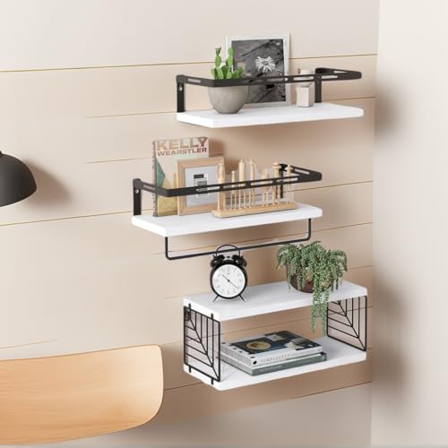 Bathroom Shelves Over Toilet Wall Mounted Floating Shelves 3+1 Rustic Wood Floating Shelves with Metal Frame and Towel Bar for Bathroom, Living Room,Bedroom and Kitchen (White, Leaf Grid)