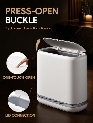 Small Bathroom Trash Can with Lid, Dog Proof Slim Press Top Garbage Can, White Plastic Narrow Waste Basket, for Bathroom Bedroom Office 3.1 Gal with 5 Rolls 75 Trash Bags