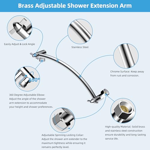 Hibbent All Metal 10'' Shower Head Extension Arm, Chrome | Solid Brass Adjustable Shower Arm with Lock Joint, Flexible Height & Angle, Universal Connection Shower Head Extender - color: Chrome, size: 10 Inch