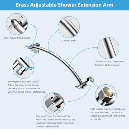 Hibbent All Metal 10'' Shower Head Extension Arm, Chrome | Solid Brass Adjustable Shower Arm with Lock Joint, Flexible Height & Angle, Universal Connection Shower Head Extender - color: Chrome, size: 10 Inch