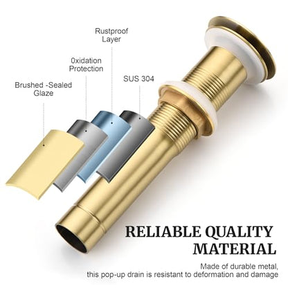 Pop up Sink Drain Stopper Without Overflow Brushed Gold for Bathroom Vessel Vanity Sink Art Basin, Big Cap Sink Drain Without Overflow, Metal Pop-up Drain Strainer with Detachable Basket Stopper - color: Gold Brushed, style: without overflow