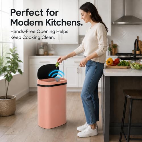 13 Gallon Kitchen Trash Can with Lid,Automatic Touchless Garbage Can for Kitchen,PP Plastic Motion Sensor Trash Can,Tall Large-Capacity Trash Bin,Hands-Free Smart Waste Bin for Home - color: Light Salmon