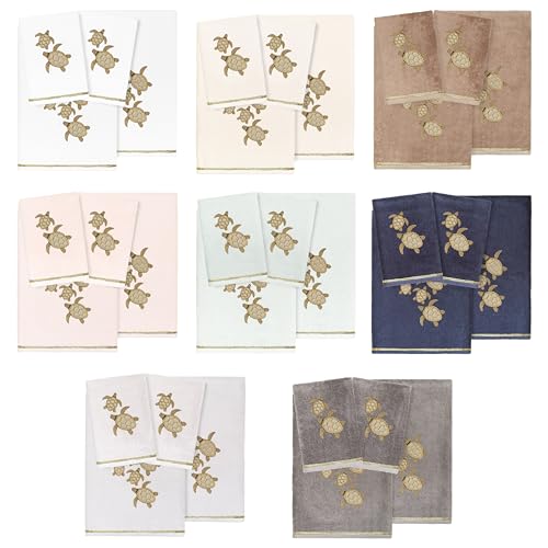 Jewel 4-Piece Premium Towel Set, Embroidered Turtles, Plush Turkish Cotton, Durable & Quick Dry, Elegant Beach Style, 2 Bath 2 Hand Towels, White - color: White, size: 2 Pcs Bath 2 Pcs Hand Towel