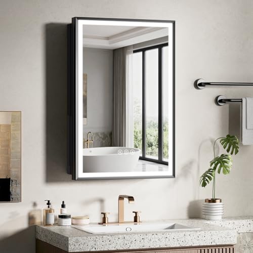 16x24 Inch Lighted Medicine Cabinet Black Aluminum Frame 3-Color Dimmable LED Anti-Fog Mirror Surface & Recessed Mount for Bathroom Hotel Apartment Dressing Room Entryway - color: Black, size: 16X24 IN