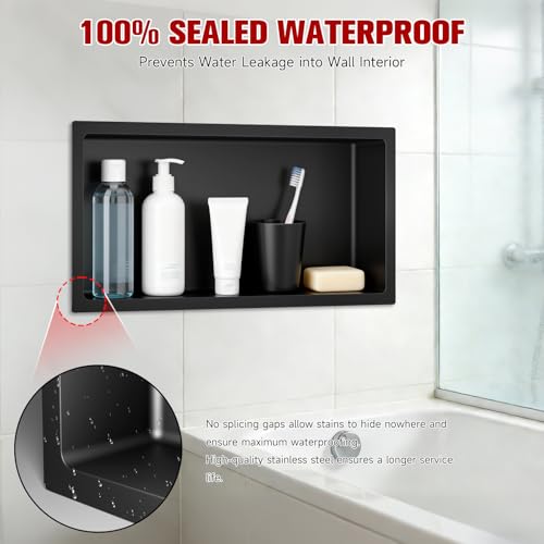 VELPAX No Tile Needed Shower Niche 12"X 24", Bathroom Wall Niche Single Shelf, Stainless Steel Shower Niche for Bathroom, Kitchens, Balconies - color: Black, size: 12"X 24" Single Shelf
