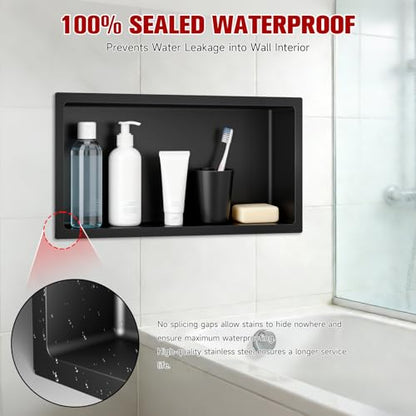 VELPAX No Tile Needed Shower Niche 12"X 24", Bathroom Wall Niche Single Shelf, Stainless Steel Shower Niche for Bathroom, Kitchens, Balconies - color: Black, size: 12"X 24" Single Shelf