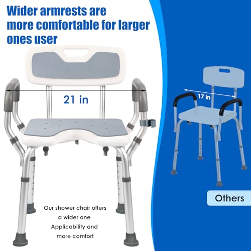 Shower Chair with Arms and Back, 330lbs Heavy Duty Bath Seat with U-Shaped Cutout, 21" Extra Wide Adjustable Shower Stool with 2 EVA Pads and Shower Head Holder, Tool-Free Assembly - color: Grey Pad-small