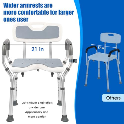 Shower Chair with Arms and Back, 330lbs Heavy Duty Bath Seat with U-Shaped Cutout, 21" Extra Wide Adjustable Shower Stool with 2 EVA Pads and Shower Head Holder, Tool-Free Assembly - color: Grey Pad-small