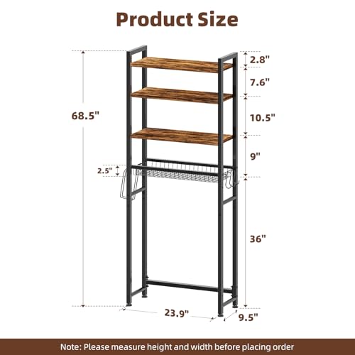 Ekisemio Over The Toilet Storage Rack, 4 Tier Over Toilet Shelf with Adjustable Feet, Freestanding Bathroom Organizer with Wooden Shelves, Hooks, Paper Holder, Vintage Brown